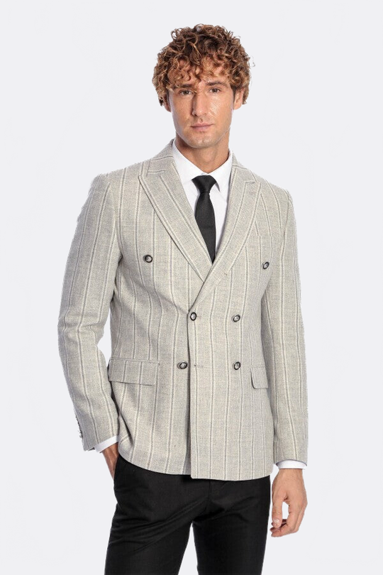 Men’s Dove Grey Striped Slim Fit Double Breasted Peak Lapel Blazer