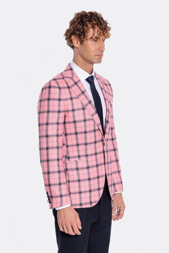 Men’s Pink & Navy Plaid Slim Fit Notch Lapel Sport Blazer