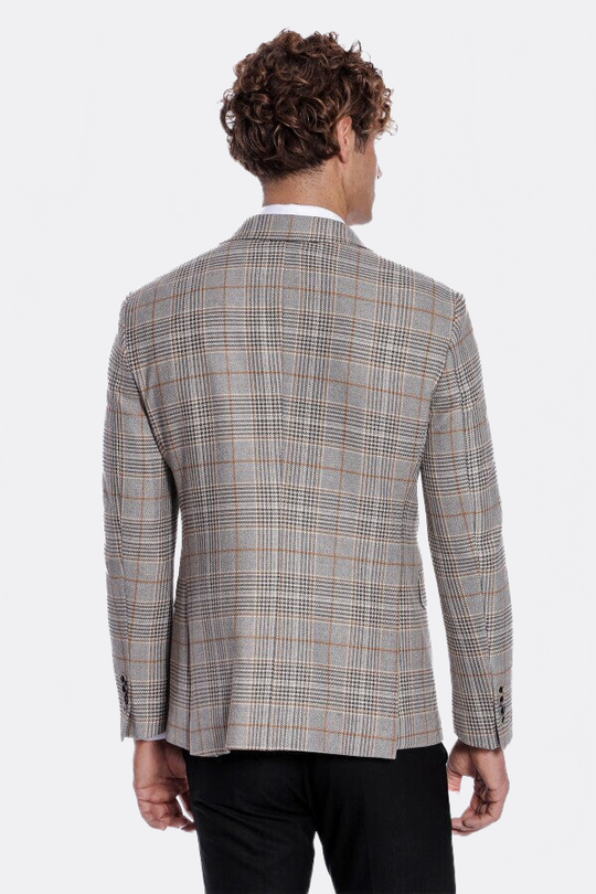 Men’s Tawny Brown Checked Slim Fit Double Breasted Smart-Casual Blazer