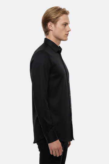 Plain Black Satin Cotton Slim Fit Shirt | Wessi