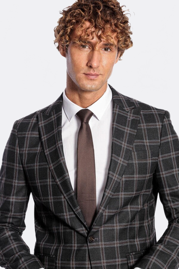 Men’s Charcoal Black Windowpane Check Slim Fit Peak Lapel Sport Blazer