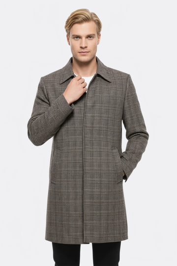 Tan Check Slim Fit Peak Lapel Hidden Button Wool Blend Coat – Wessi