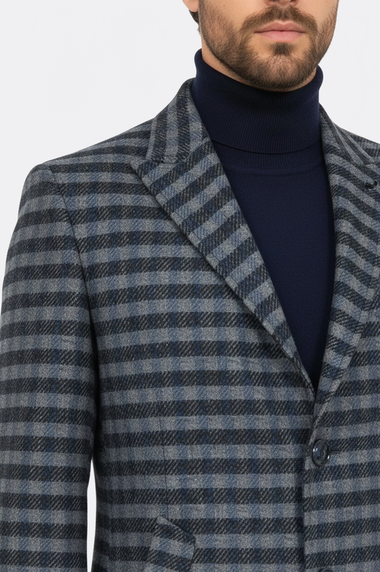 Navy Blue Plaid Slim Fit Peak Wide Lapel Wool Blend Overcoat – Wessi