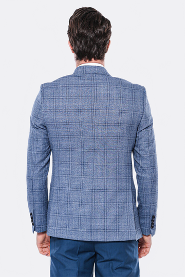 Men’s Indigo Blue Textured Checked Slim Fit Notch Lapel Blazer