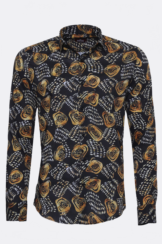 Men's Black Slim Fit Floral Patterned Cotton Shirt | Wessi
