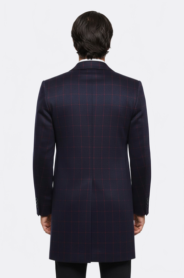 Navy Blue Plaid Slim Fit Long Coat – Wessi