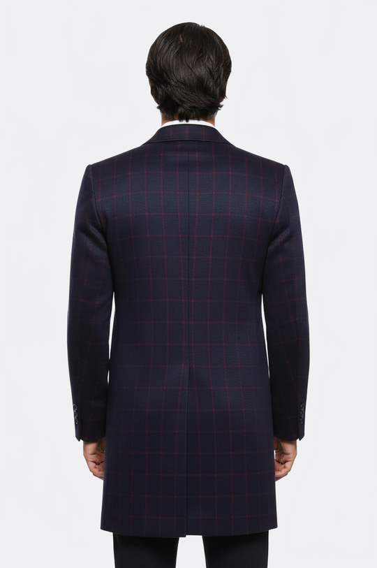 Navy Blue Plaid Slim Fit Long Coat – Wessi