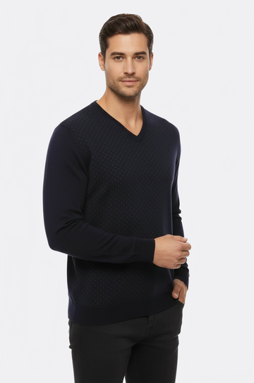 Navy Blue Slim Fit Dot Patterned V-Neck Sweater – Wessi