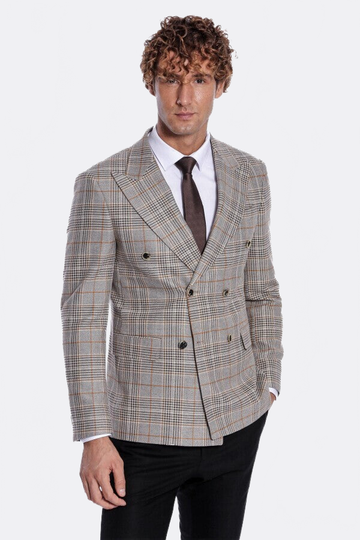 Men’s Tawny Brown Checked Slim Fit Double Breasted Smart-Casual Blazer