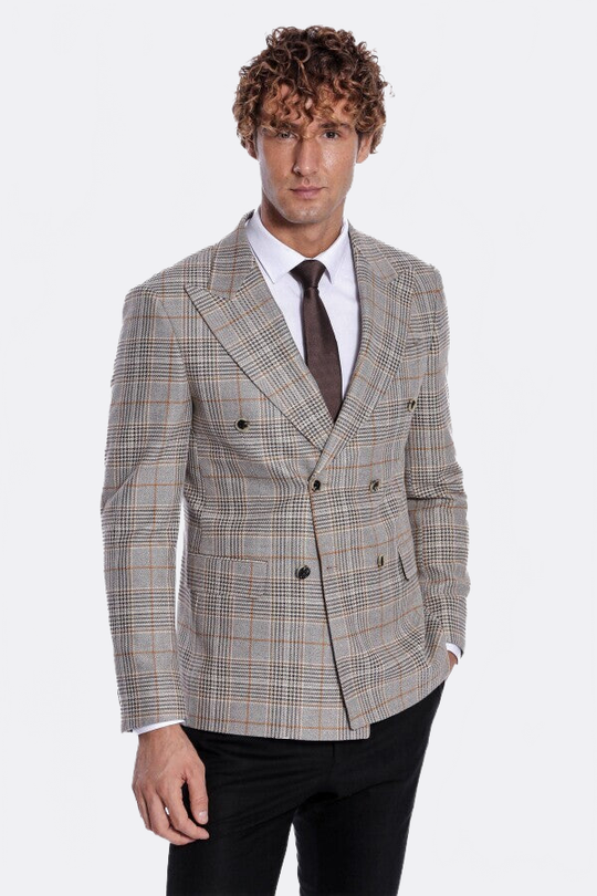 Men’s Tawny Brown Checked Slim Fit Double Breasted Smart-Casual Blazer