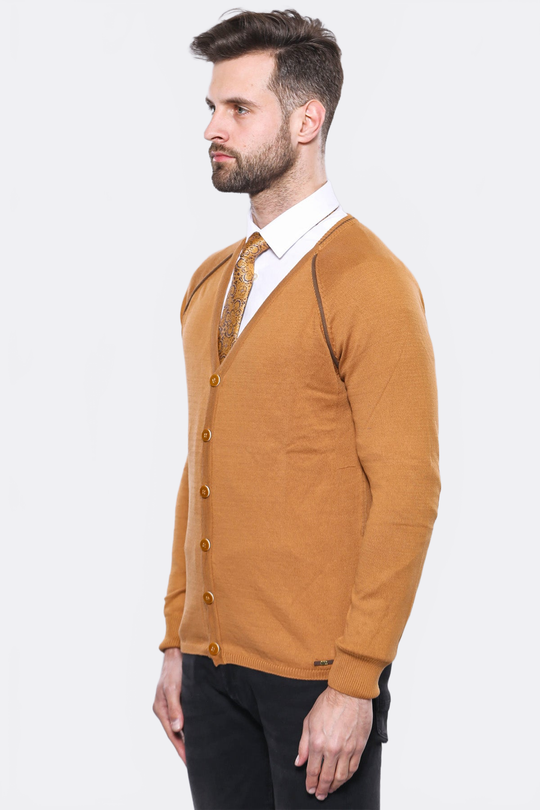 Tan Slim Fit V-Neck Button Cardigan – Wessi