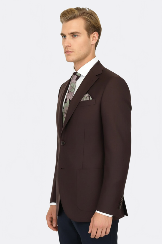 Men’s Deep Burgundy Wool Slim Fit  Single Breasted Wide Lapel Smart-Casual Sport Blazer