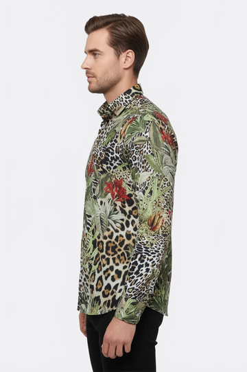 Men's White Slim Fit Multicolour Tiger Print Shirt | Wessi