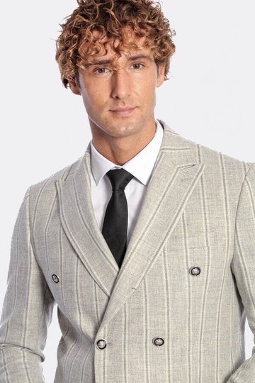 Men’s Dove Grey Striped Slim Fit Double Breasted Peak Lapel Blazer
