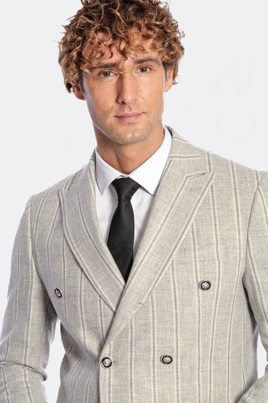 Men’s Dove Grey Striped Slim Fit Double Breasted Peak Lapel Blazer