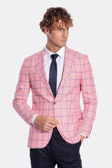 Men’s Pink & Navy Windowpane Check Slim Fit Notch Lapel Sport Blazer