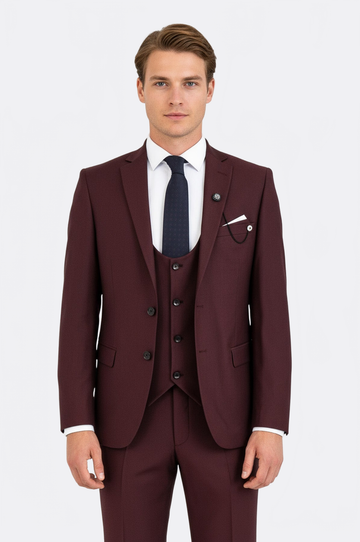 Men's Burgundy 3-Piece Slim Fit Suit with Tailored Waistcoat