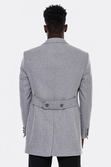 Grey Slim Fit Double Breasted Metal Button Wool-Rich Long Coat – Wessi