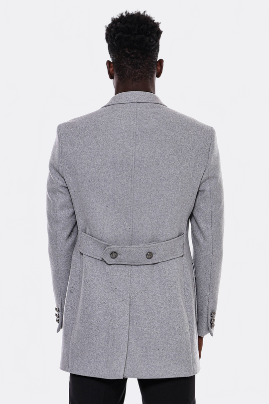 Grey Slim Fit Double Breasted Metal Button Wool-Rich Long Coat – Wessi