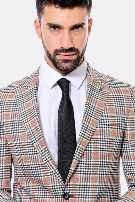 Men’s Orange & Black Glen Plaid Slim Fit Notch Lapel Sport Blazer