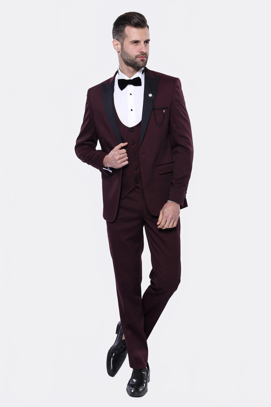 Men's Garnet Burgundy Slim Fit 3-Piece Tuxedo with Detachable Lapel