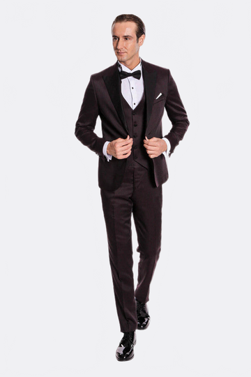Men's Deep Claret Micro-Patterned 3-Piece Slim Fit Tuxedo with Shawl Lapel