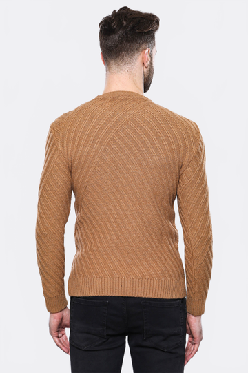 Tan Slim Fit Round Neck Patterned Cotton Knit Jumper – Wessi