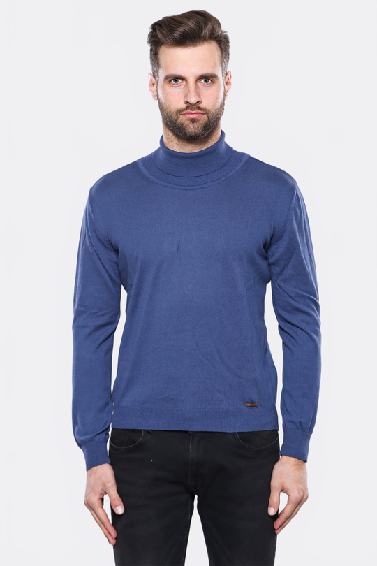 Indigo Blue Turtleneck Slim Fit Cotton Sweater – Wessi