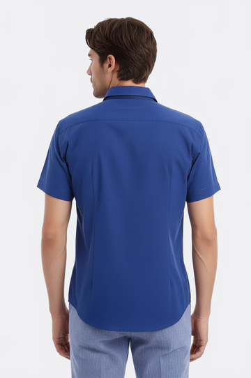 Short Sleeve Plain Navy Blue Slim Fit Shirt | Wessi