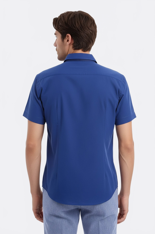 Short Sleeve Plain Navy Blue Slim Fit Shirt | Wessi