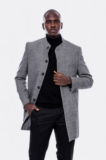 Grey Slim Fit Mandarin Collar Short Coat – Wessi