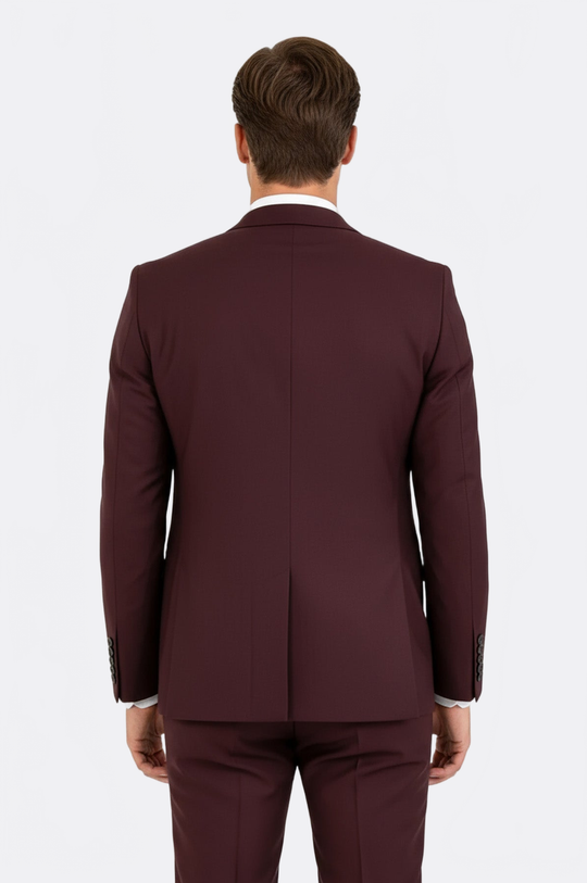 Men's Burgundy 3-Piece Slim Fit Suit with Tailored Waistcoat