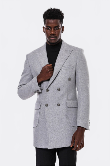 Grey Slim Fit Double Breasted Metal Button Wool-Rich Long Coat – Wessi