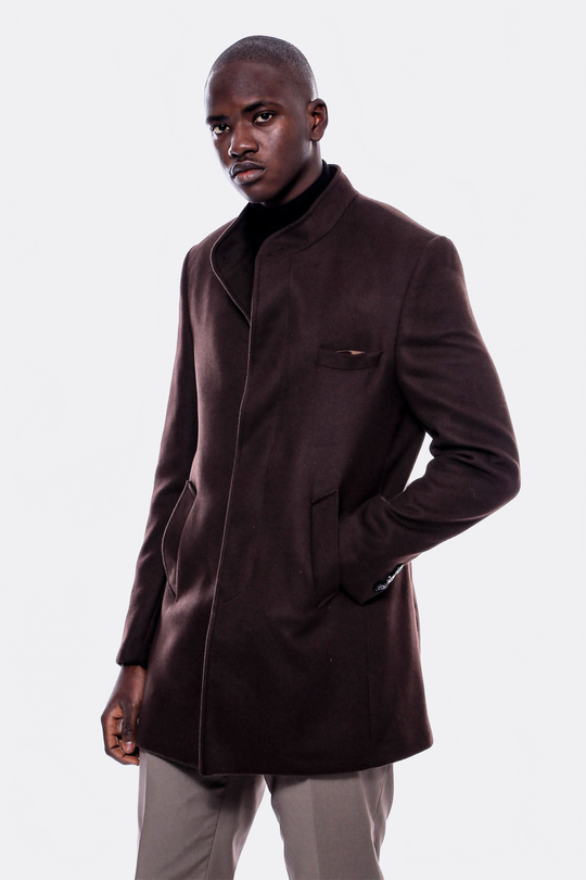 Brown Slim Fit Mandarin Collar Cachet Short Coat – Wessi