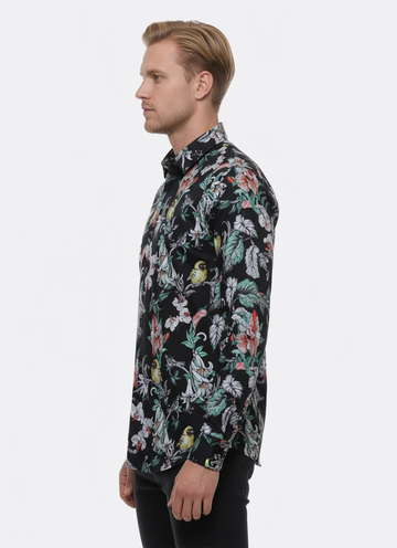 Men's Black Slim Fit Floral & Bird Patterned Shirt | Wessi