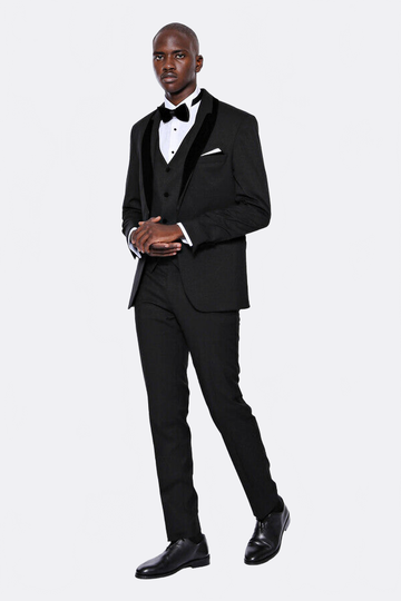 Men's Obsidian Black Micro-Patterned 3-Piece Slim Fit Tuxedo with Velvet Lapel
