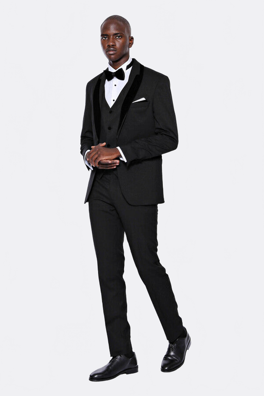 Men's Obsidian Black Micro-Patterned 3-Piece Slim Fit Tuxedo with Velvet Lapel