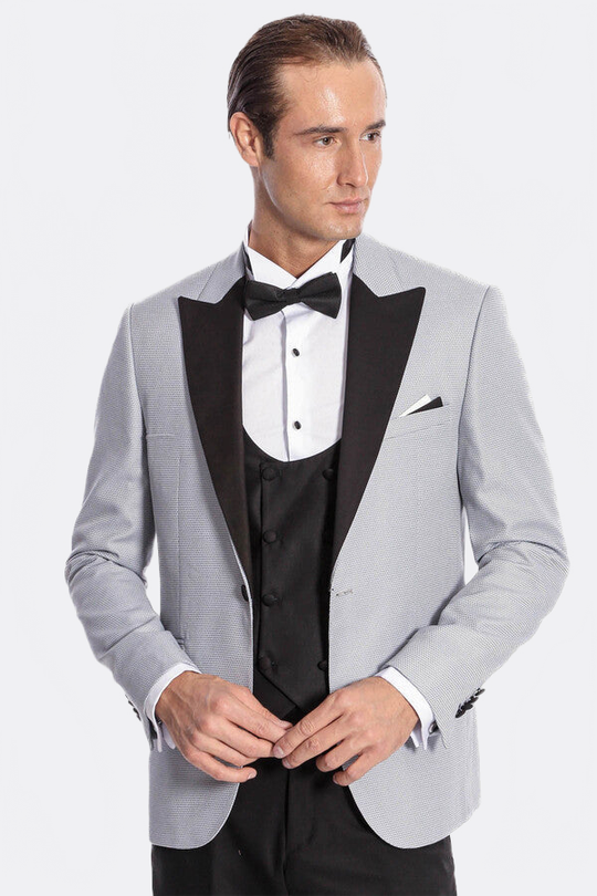 Men's Silver Grey Micro-Dot 3-Piece Slim Fit Combination Tuxedo