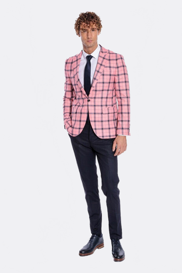 Men’s Pink & Navy Plaid Slim Fit Notch Lapel Sport Blazer