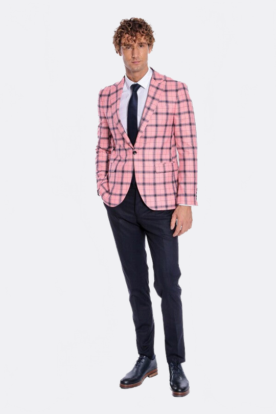 Men’s Pink & Navy Plaid Slim Fit Notch Lapel Sport Blazer