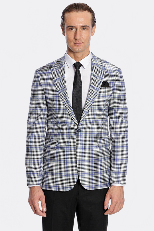 Men’s Blue & Black Glen Plaid Slim Fit Notch Lapel Sport Blazer
