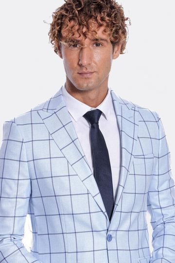 Men’s Ice Blue Windowpane Check Slim Fit Notch Lapel Sport Blazer