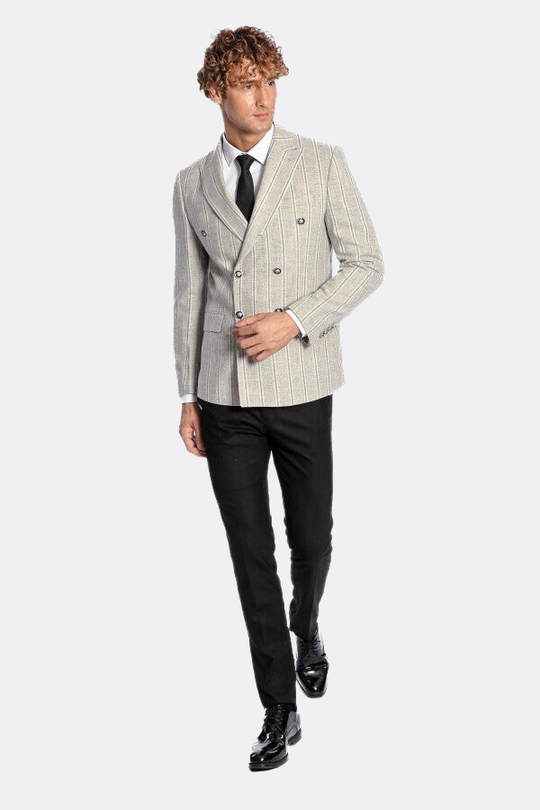 Men’s Dove Grey Striped Slim Fit Double Breasted Peak Lapel Blazer
