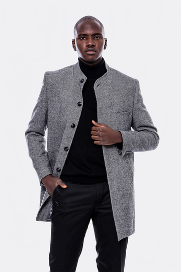 Grey Slim Fit Mandarin Collar Short Coat – Wessi