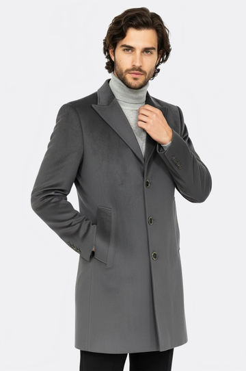 Grey Suede Slim Fit Peak Wide Lapel Long Coat – Wessi
