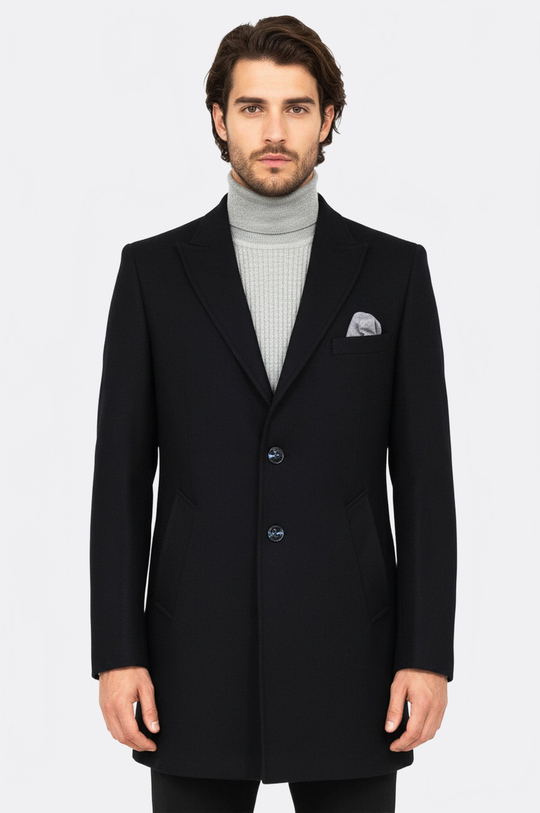 Charcoal Slim Fit Peak Wide Lapel Wool-Rich Long Coat – Wessi