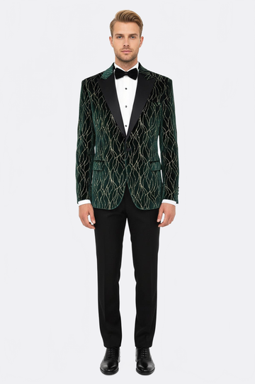 Men’s Emerald Green Velvet Gold-Vein Jacquard Slim Fit Peak Lapel Dinner Jacket