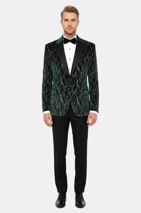 Men’s Emerald Green Velvet Gold-Vein Jacquard Slim Fit Peak Lapel Dinner Jacket