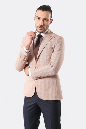 Beige Slim Fit Plaid Single-Button Blazer – Wessi