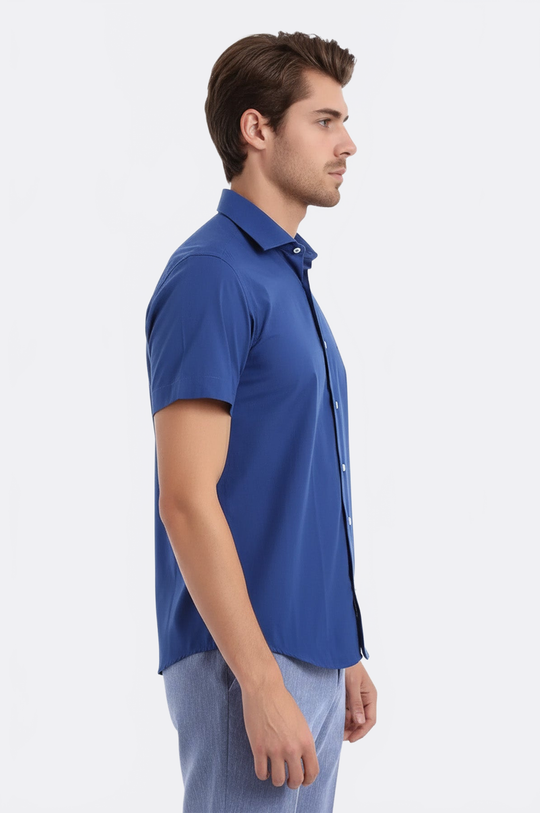 Short Sleeve Plain Navy Blue Slim Fit Shirt | Wessi